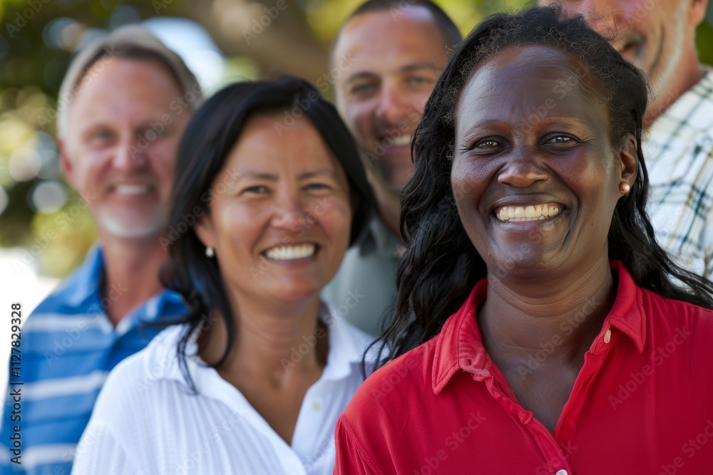 Portrait of a diverse group of friends smiling at the camera in the park Portrait of a diverse group of friends smiling at the camera in the park