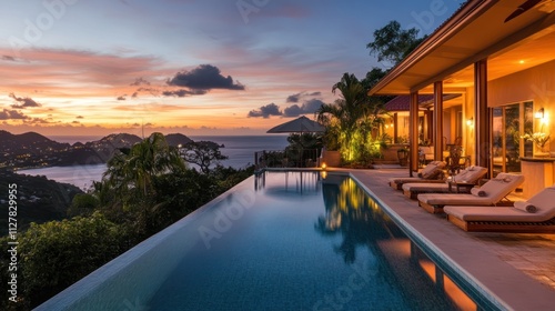 A boutique resort countdown by the infinity pool, soft lighting, chic decor, and panoramic sunset views