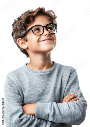 Young Caucasian boy wearing glasses, smiling and looking up, transparent background (PNG)