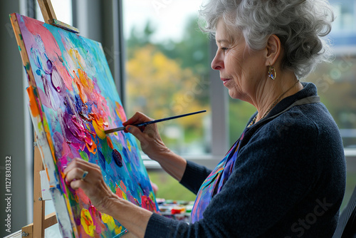 Senior woman learning to paint at a community center, focused expression, vibrant colors on her palette, natural light streaming through windows, theme of creativity photo