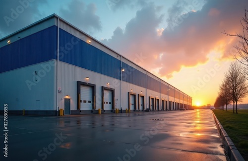 Modern warehouse complex with multiple loading docks at sunset. Exterior features striking blue, white design. Parking area paved, wet. Trees line property edge. Industrial architecture at dusk.