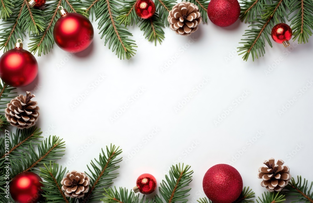 Festive Christmas border design with red ornaments, pine cones on blank white background ideal for holiday greetings decorations. Christmas theme. Perfect for greeting cards invitations, seasonal Festive Christmas border design with red ornaments, pine cones on blank white background ideal for holiday greetings decorations. Christmas theme. Perfect for greeting cards invitations, seasonal