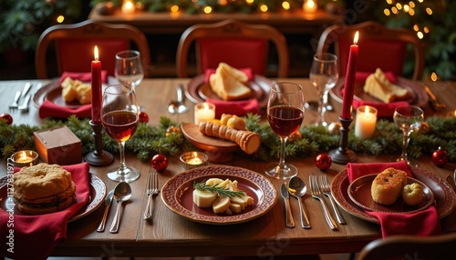 Christmas Eve dinner table beautifully set with food, drinks. Elegant table setting with red napkins, candles. Traditional dishes arranged on plates. Festive atmosphere with Christmas decorations.