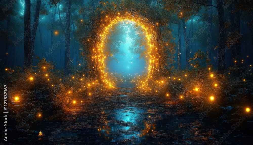 Mystical Night Forest with Enchanting Light Orbs and Mirror Portal to Another World Mystical Night Forest with Enchanting Light Orbs and Mirror Portal to Another World