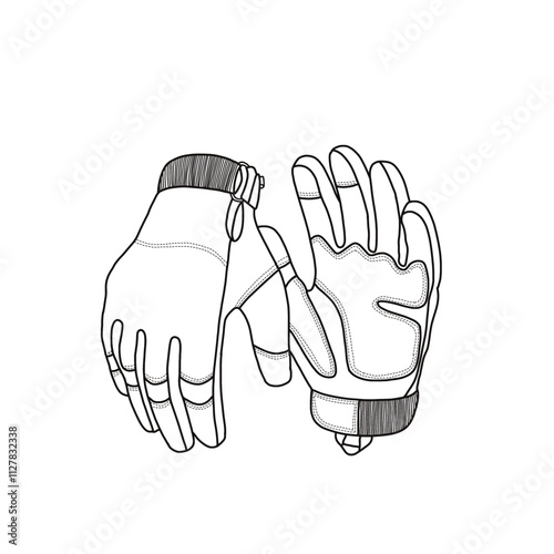 Motorcycle gloves with a hard shell and palm padding line art isolated on a white background.