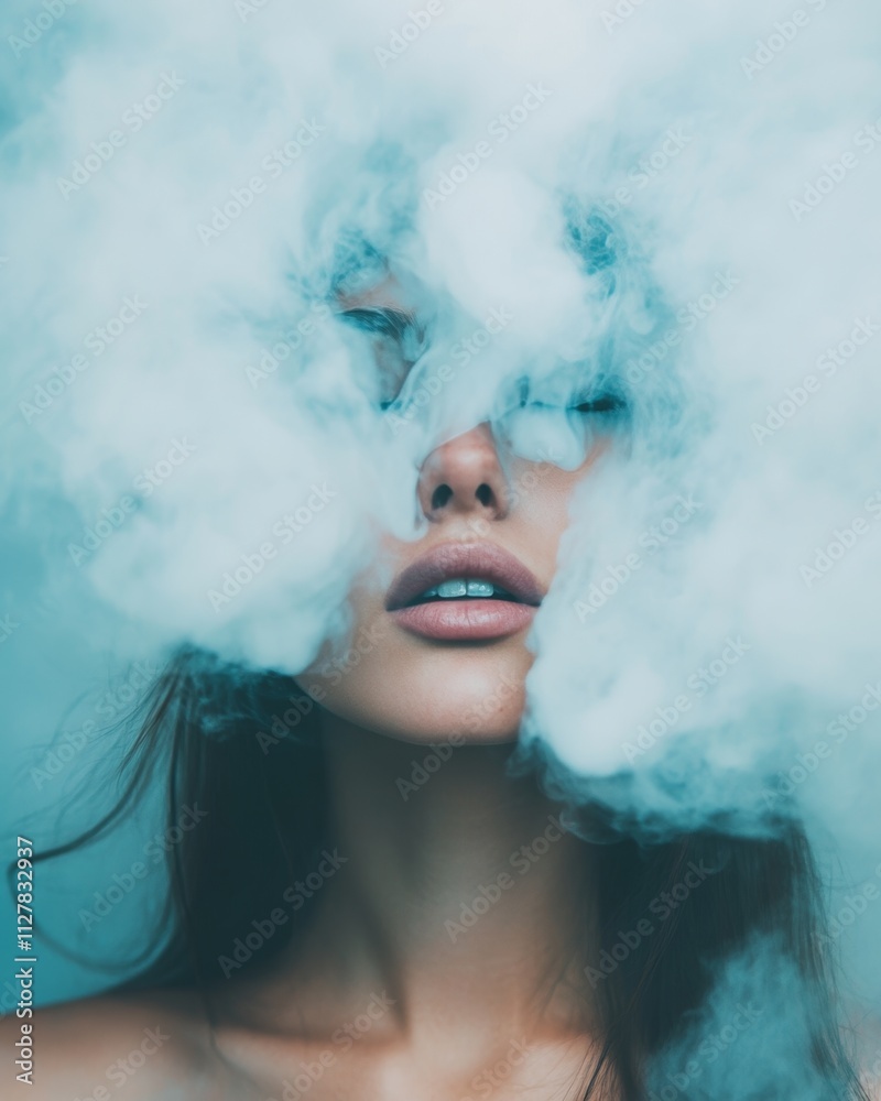 Woman's Face Obscured by Vapor, Teal Smoke Woman's Face Obscured by Vapor, Teal Smoke