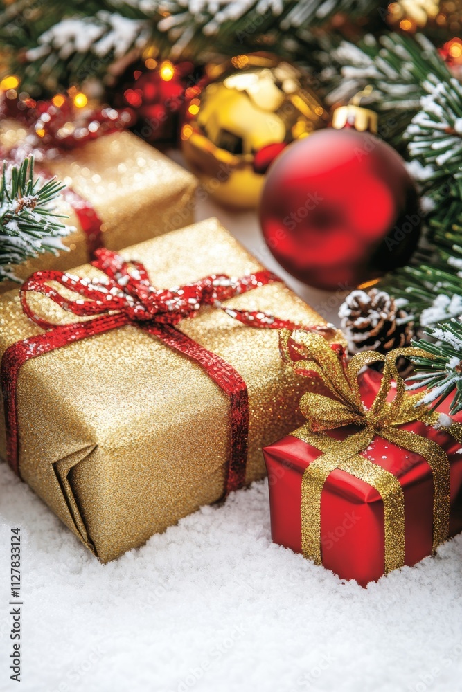 Christmas Gifts Under Snowy Fir Branches Christmas Gifts Under Snowy Fir Branches