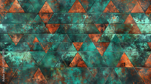 Seamless triangle mosaic copper texture with verdigris patina. Verdigris. Illustration photo