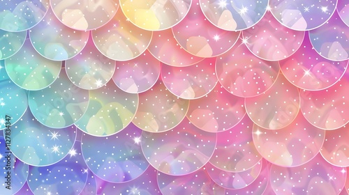 Abstract iridescent background with round shapes and white dots.