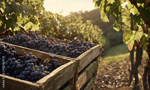 Grapes harvested in wooden crates amidst a vineyard landscape.