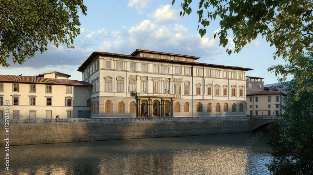 Elegant palazzo beside river, idyllic setting. Elegant palazzo beside river, idyllic setting.