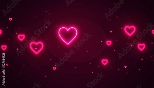 Neon hearts glowing on a dark background with sparkling effects