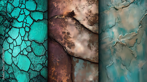 Textures of aged copper and bronze, featuring traces of verdigris green. Verdigris. Illustration photo