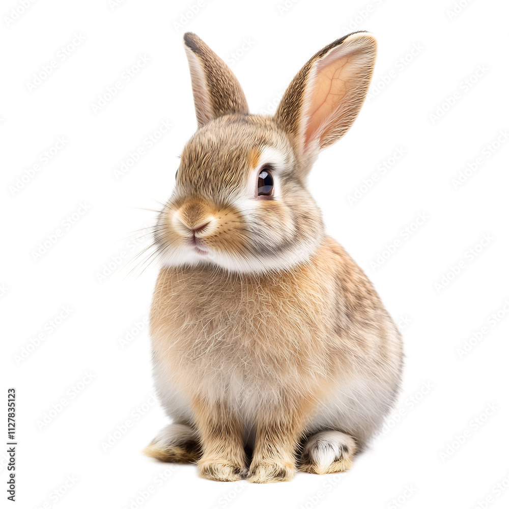 Cute Fluffy Rabbit with Whiskers Sitting and Looking Directly at Against White Background Cute Fluffy Rabbit with Whiskers Sitting and Looking Directly at Against White Background