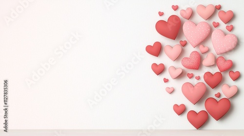 Colorful hearts scattered on a simple background for love and romance themes.