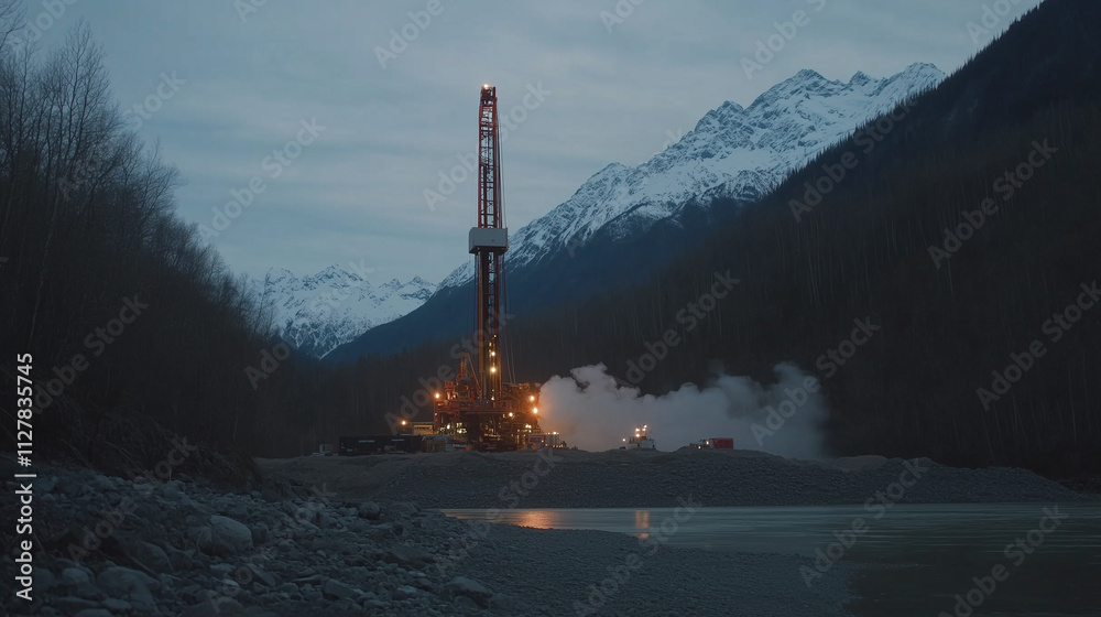 Geothermal drilling site in operation, showcasing advanced technology harnessing natural energy for sustainable power generation.