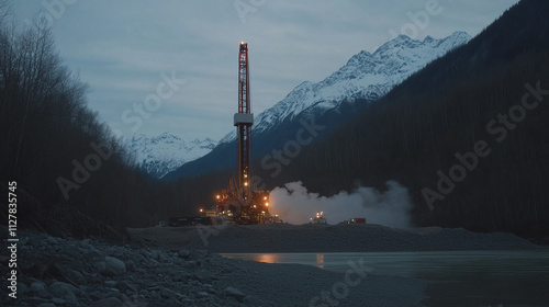 Obraz na płótnie Geothermal drilling site in operation, showcasing advanced technology harnessing natural energy for sustainable power generation. w salonie