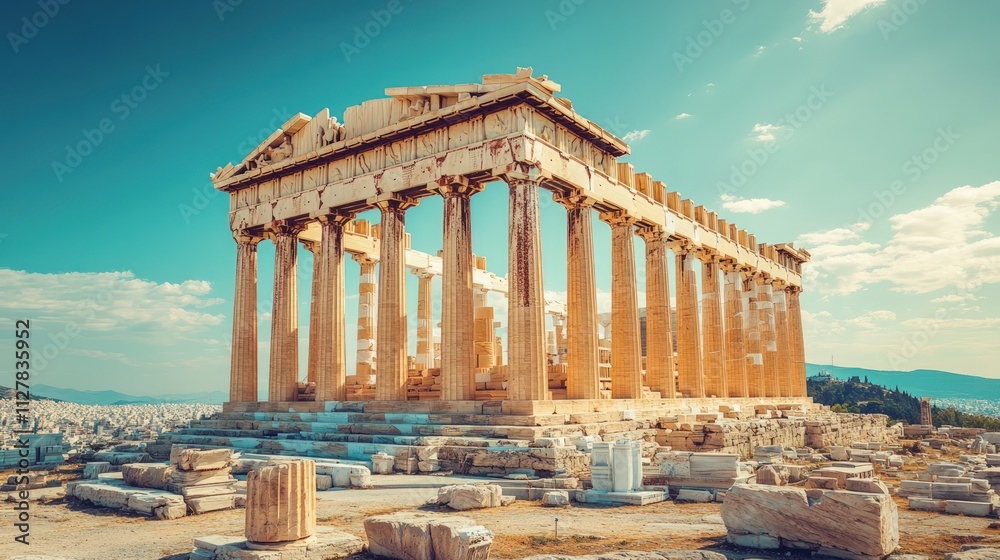 Naklejka premium Ancient Greek temple ruins, sunny day, Athens.