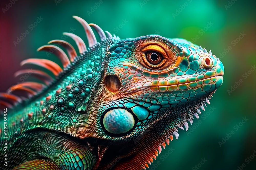 Vibrant Green Iguana Close Up with Striking Orange Yellow Stripes and Textured Scales Vibrant Green Iguana Close Up with Striking Orange Yellow Stripes and Textured Scales