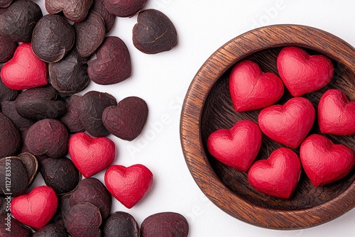 Colorful red heart-shaped candies on a white background, perfect for sweet treats. photo