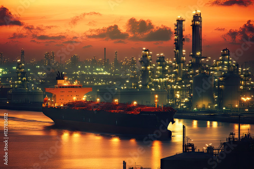 Container ship moored at an oil and gas facility, with smokestacks releasing steam. Copyspace on the bottom. Bright, sharp lighting. Port infrastructure background with cranes.