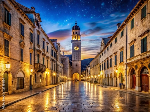 Nighttime Street Scene Along Stradun in Dubrovnik, Croatia, Illuminated by Soft Lights, Showcasing Historic Architecture and Cobblestone Pathways under a Starry Sky photo