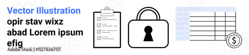 Checklist on clipboard, secure lock, and financial spreadsheet with currency symbol. Ideal for data protection, business security, financial safety, compliance, cybersecurity privacy audit. Landing