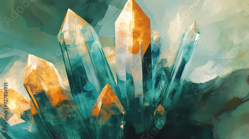 Dazzling crystalline structures blending with earthy tones, evoking bohemian, free-spirited essence, and effortless, natural beauty in warm, sunlit outdoor settings. Verdigris. Illustration photo