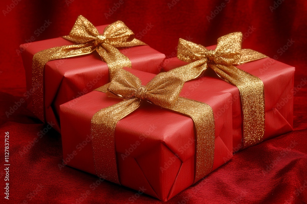 Three Red Gift Boxes with Gold Ribbons on Red Fabric Three Red Gift Boxes with Gold Ribbons on Red Fabric
