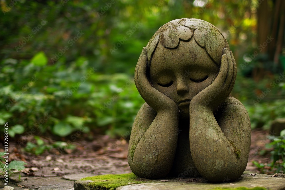 Stone Child Statue in a Green Forest Stone Child Statue in a Green Forest