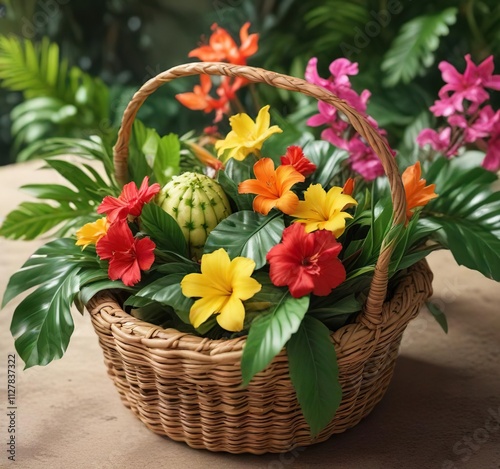 Colorful Alua dessert in a small wicker basket filled with tropical flowers and green leaves, dessert, dessert photo