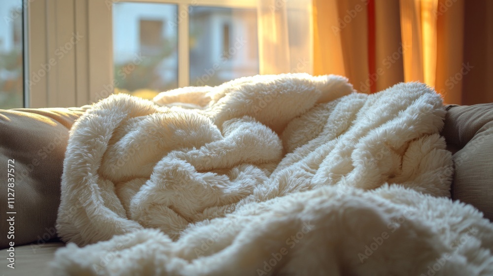 Fluffy White Blanket Resting On A Couch By A Window Fluffy White Blanket Resting On A Couch By A Window