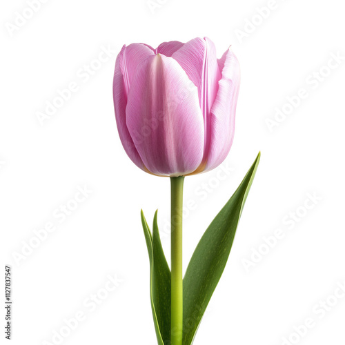 Elegant Pink Tulip Flower Blooming on White Background