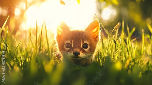 Weasel hide in the Tall Grass At Sunrise. photo