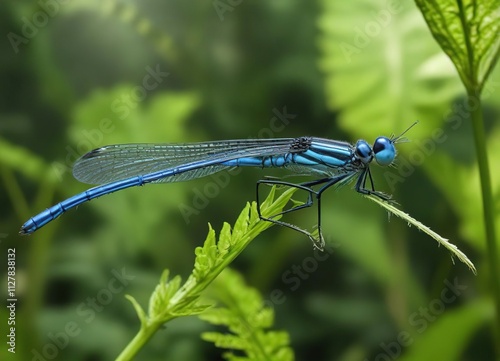 Delicate azure damselfly resting on flower stem amidst lush green foliage, nature, insects photo