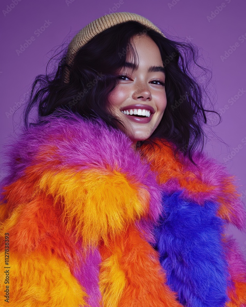 A woman wearing a beanie and a floral jacket A woman wearing a beanie and a floral jacket