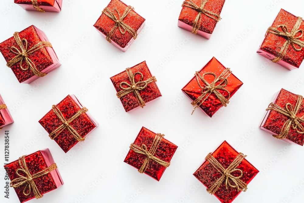 Red Glitter Gift Boxes with Gold Ribbons on White Background Red Glitter Gift Boxes with Gold Ribbons on White Background
