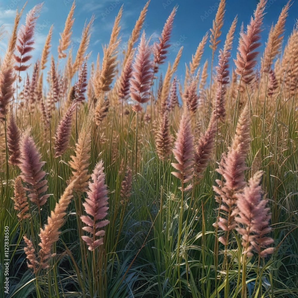 Dense clump of flowering ornamental grass against a blue sky, garden feature, pennisetum alopecuroides, autumnal foliage Dense clump of flowering ornamental grass against a blue sky, garden feature, pennisetum alopecuroides, autumnal foliage