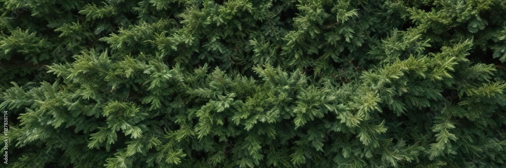 Dense green conifer hedge with twisted branches, outdoor scenery, forest foliage Dense green conifer hedge with twisted branches, outdoor scenery, forest foliage