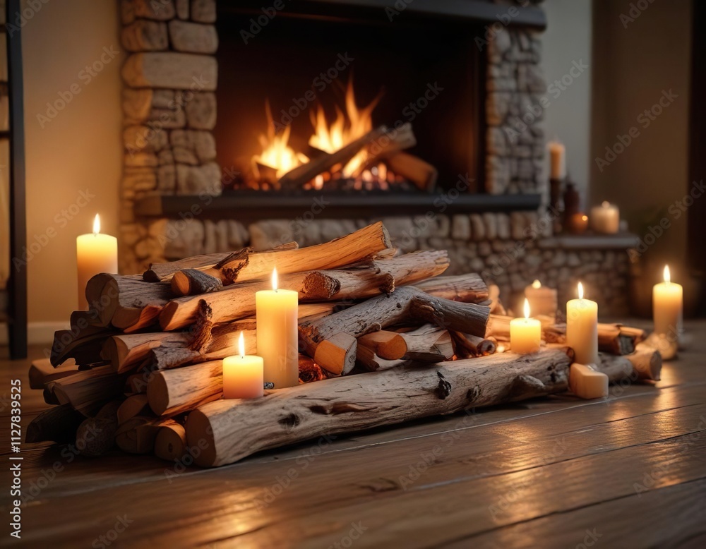 Firewood and candles surround the fireplace, creating a warm and inviting glow, candles, warm tones, soft light Firewood and candles surround the fireplace, creating a warm and inviting glow, candles, warm tones, soft light
