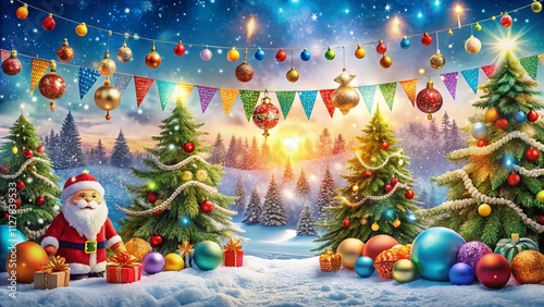 Panoramic Christmas Celebration Banner with Festive Decorations and Elements Displaying Joyous Holiday Spirit in a Vibrant Winter Setting