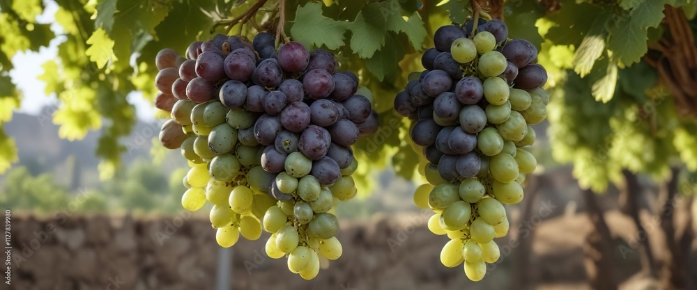 Fresh bunch of Shine Muscat grapes hanging from a vine, fruit, garden Fresh bunch of Shine Muscat grapes hanging from a vine, fruit, garden