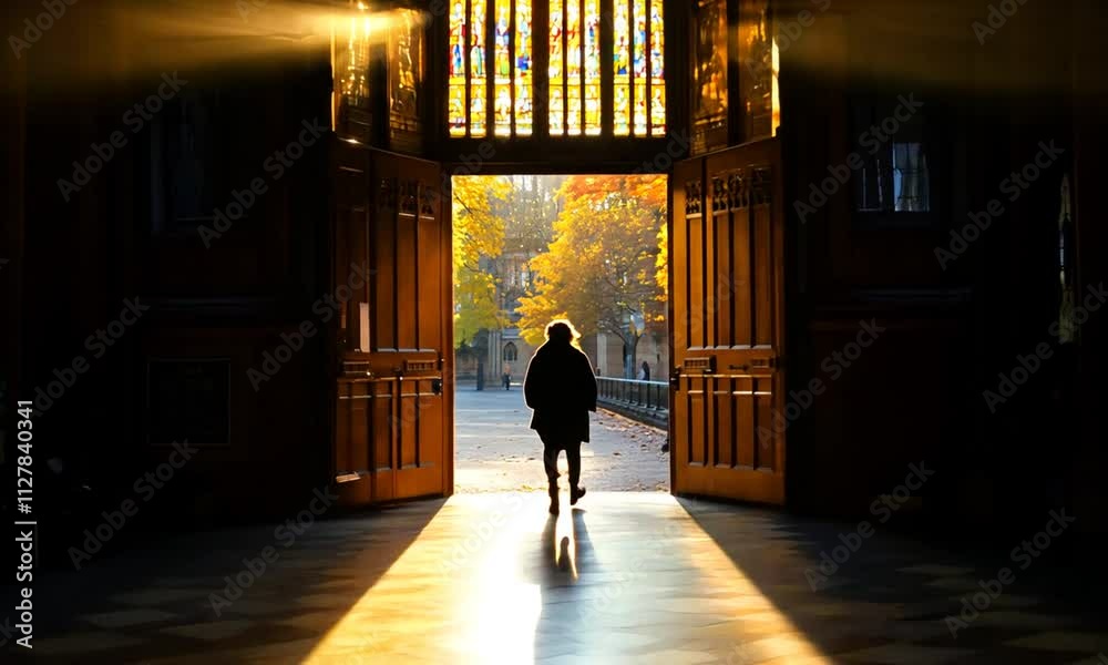 A silhouette walks towards a sunlit doorway with stained glass. A silhouette walks towards a sunlit doorway with stained glass.