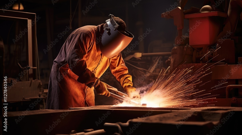 Foundry worker pouringmolten metal into mold.capturingintense heat andprecision of metalworkingprocess with glowing liquidmetal contrasting againstdark industrial background