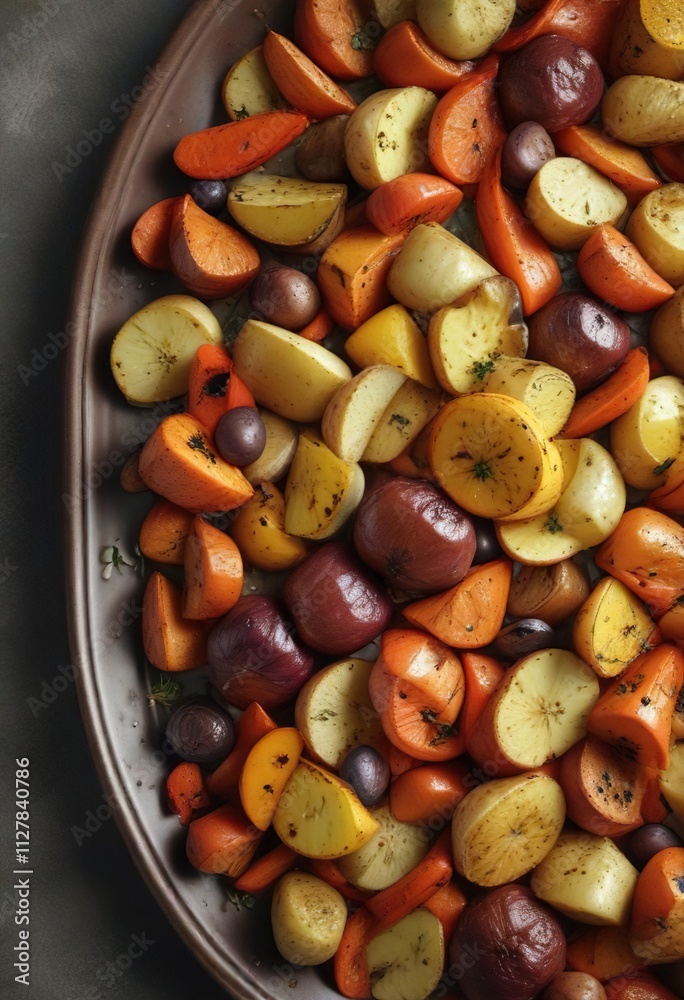 Golden-brown roasted vegetables on a serving platter, brown, golden Golden-brown roasted vegetables on a serving platter, brown, golden