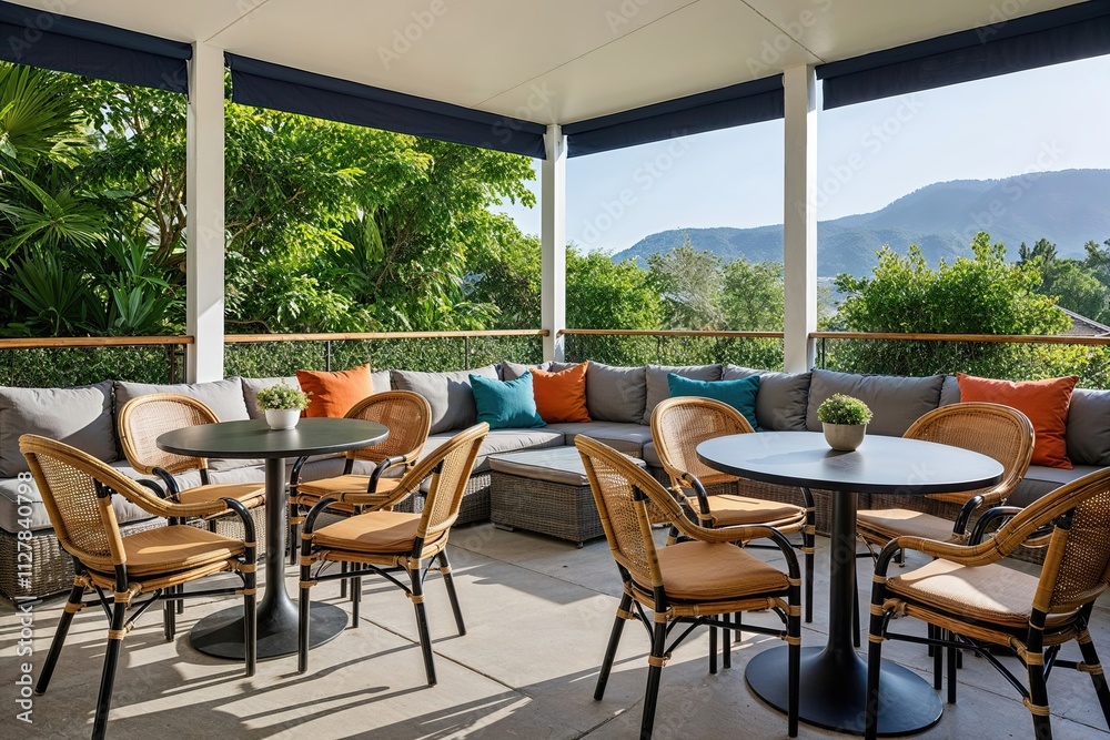 Fototapeta premium Modern Serene Living Space Featuring Caf�-Style Dining Set and Stylish Shaded Chairs