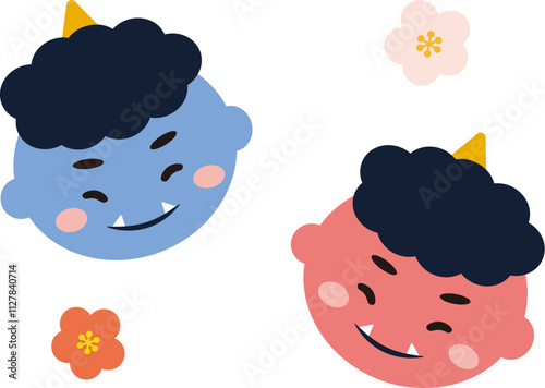 かわいい赤鬼と青鬼と梅の花