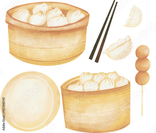 Hand drawn watercolor set of isolated Dim Sum dumplings in bamboo steamer baskets with the chopsticks and the sauces, dumplings, hand drawn of dumplings, Vector illustrations of asian chinese dishes