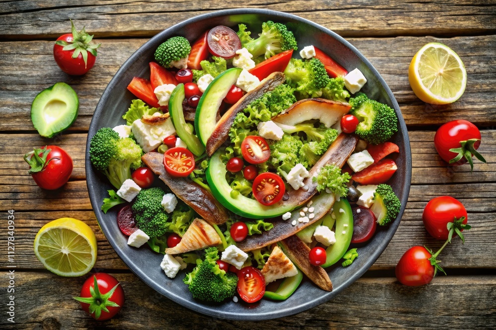 custom made wallpaper toronto digitalAerial shot: vibrant gourmet seafood salad featuring smoked eel, avocado, feta, strawberries, and unagi.