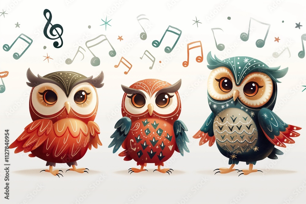 Fototapeta premium Whimsical Cute Cartoon Owls with Music Notes in Colorful Art for Children on White Background